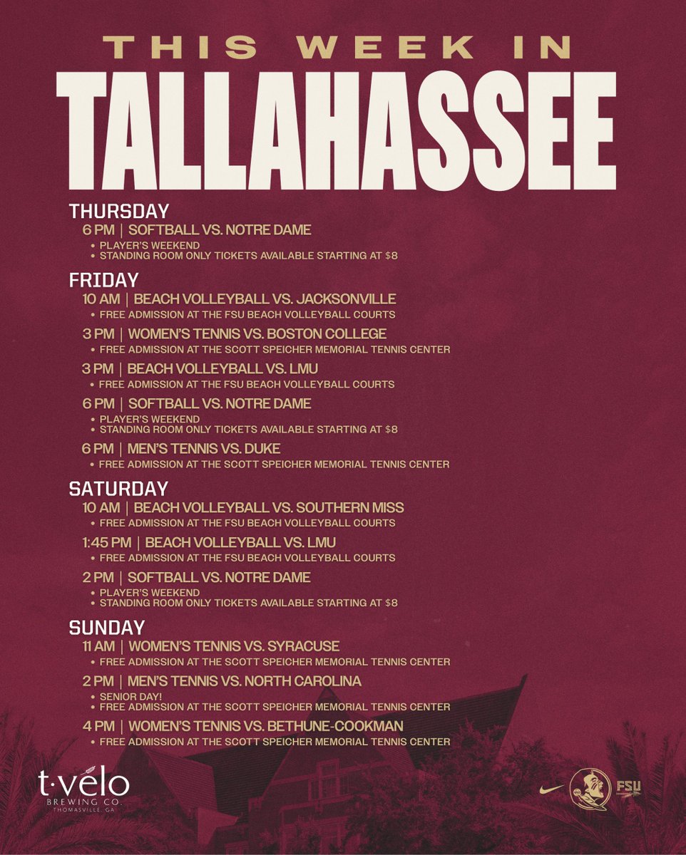 Seminoles's tweet image. A weekend full of @FSU_Softball, @FSU_BeachVB, @FSU_WTennis &amp;amp; senior day on Sunday with @FSUMTennis! ⤵️

🎟️ seminoles.evenue.net

#GoNoles