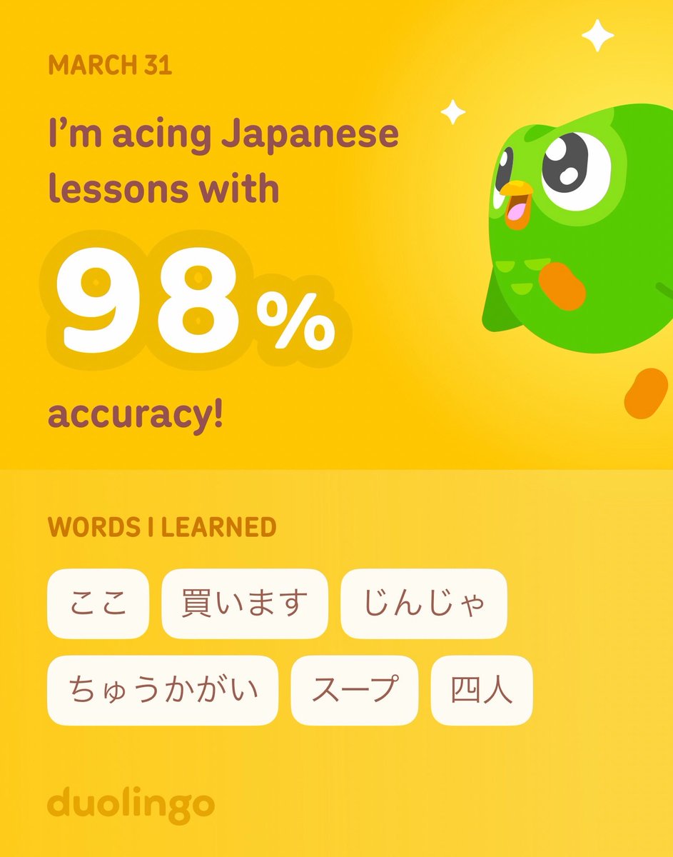 seeyouin100's tweet photo. I’m learning Japanese on Duolingo! It’s free, fun, and effective. https://t.co/o60roTfpC9
