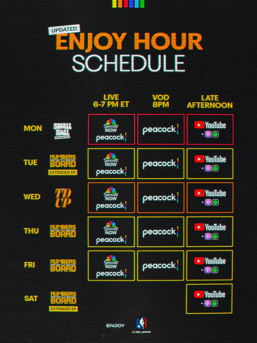 🚨 The Updated Enjoy Hour Schedule <a href="/NBAonNBC/">NBA on NBC and Peacock</a>