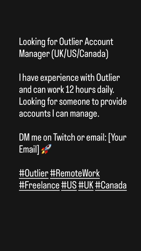 peak1999000's tweet photo. Looking for Outlier Account Manager (UK/US/Canada)

I have experience with Outlier and can work 12 hours daily. Looking for someone to provide accounts I can manage.

DM me 
#Outlier #RemoteWork #Freelance #US #UK #Canada https://t.co/7RUxWNCY94