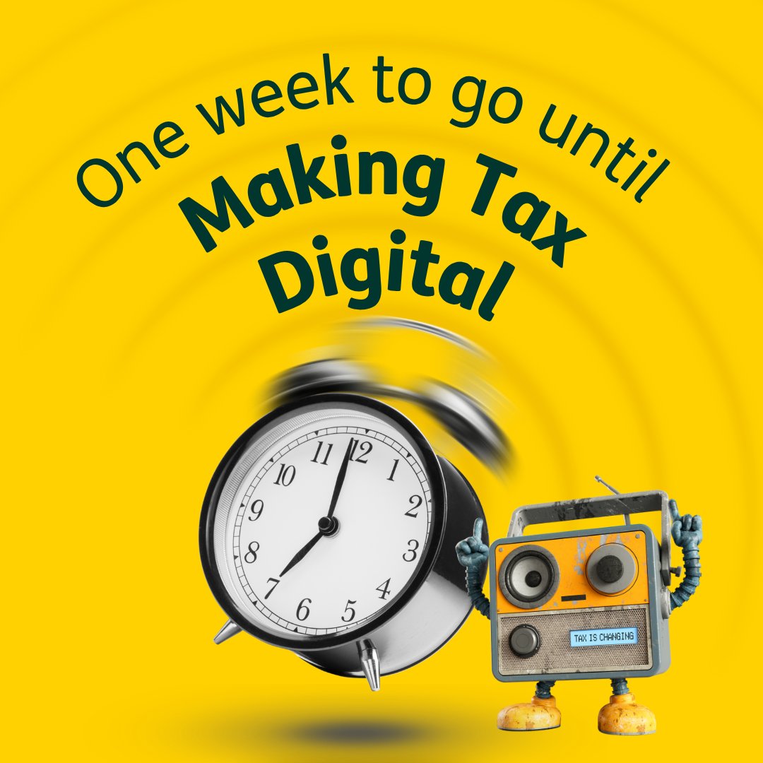 HMRCgovuk's tweet photo. 🚨 One week to go until Making Tax Digital! 🚨 

From 6 April, Making Tax Digital applies if your combined turnover from property and self-employment is over £50,000.  

Don’t leave it to the last minute - sign up now and get set up with recognised software. ⬇️ 

https://t.co/BN9hsfm3QX
