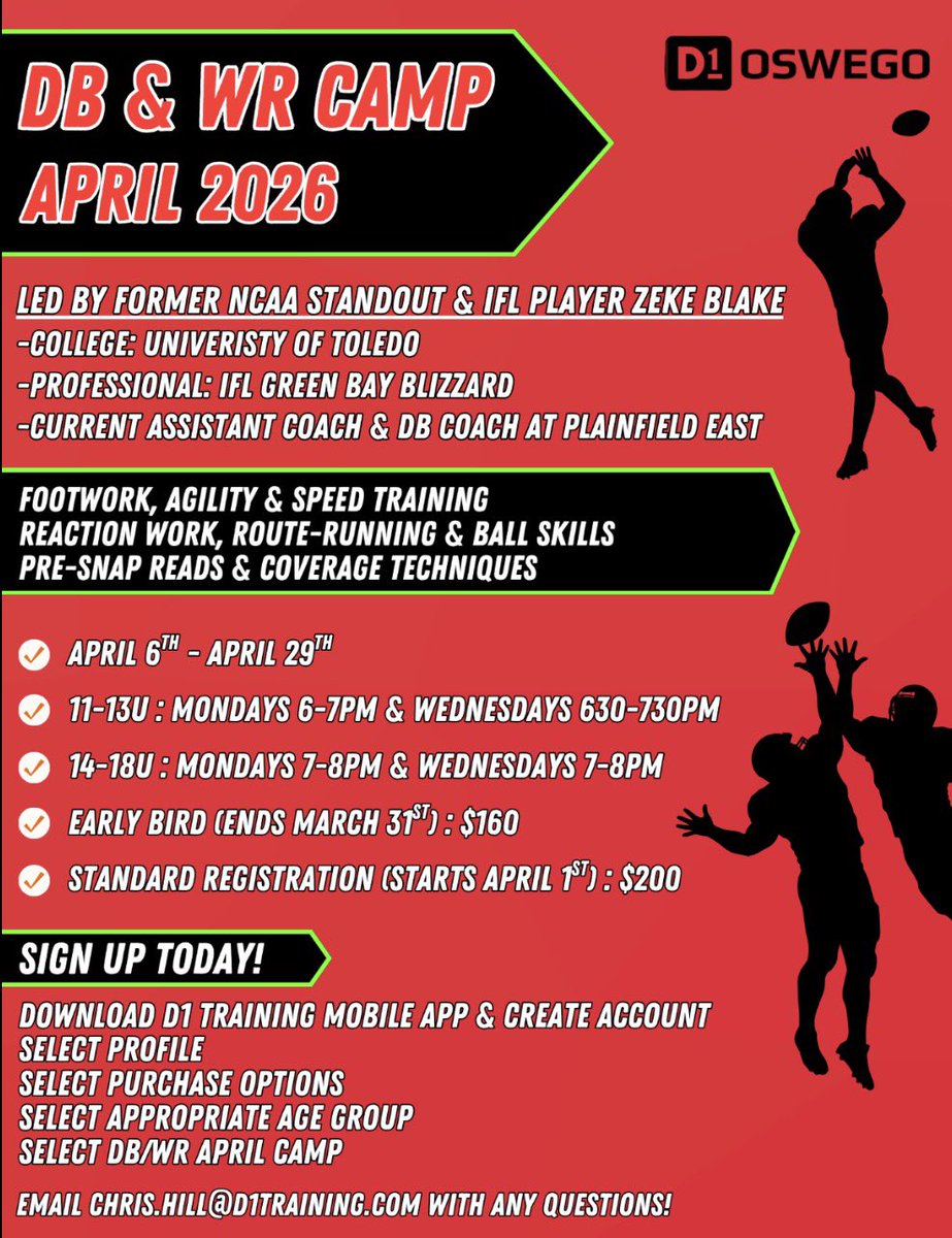 TrainingApa0's tweet photo. Athletes, looking to continue working on your craft? Want to stay up to date on footwork,ball skills and coverage techniques. Look no further than Db/Wr camp sessions in April at D1 Oswego https://t.co/lERcKl1Ko6