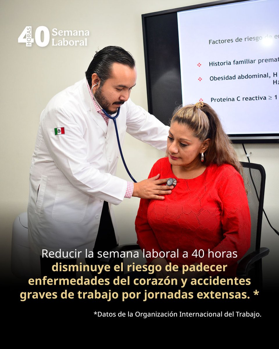 STPS_mx's tweet image. Según la #OIT (@ilo), la Semana Laboral de #40Horas fortalece la salud y la seguridad de las y los trabajadores en México.

Reducir las horas de trabajo ayuda a disminuir el riesgo de enfermedades cardiovasculares y de accidentes laborales que pueden tener consecuencias fatales.