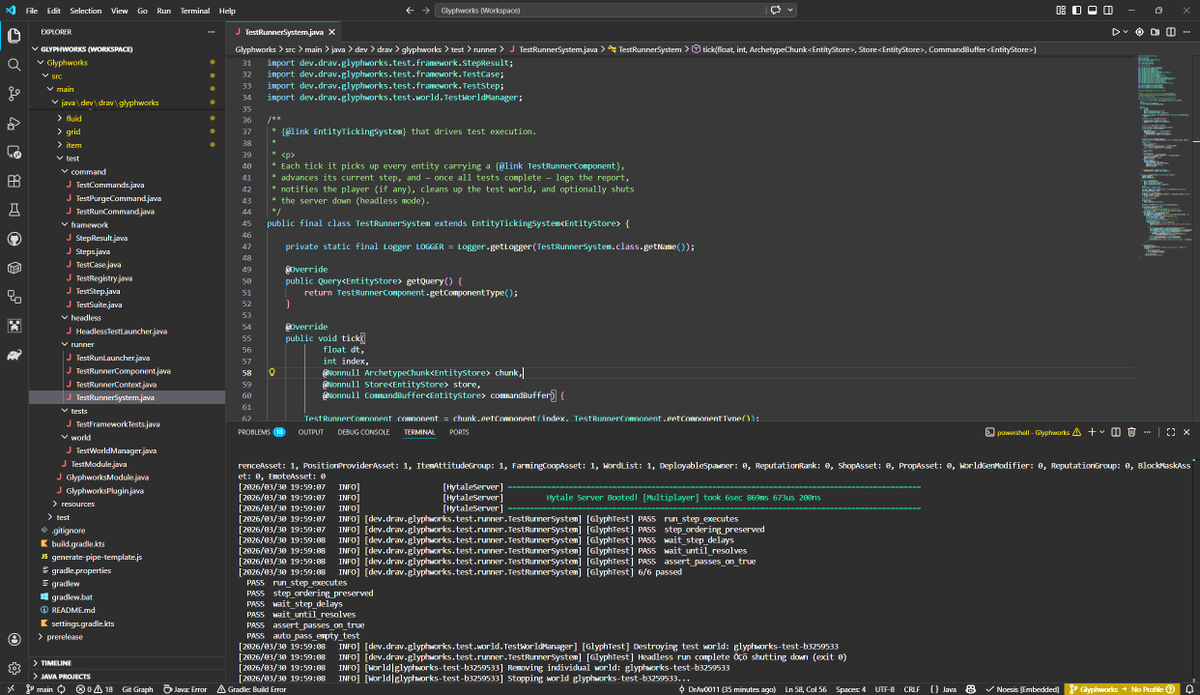 ❌ Place 2 blocks in-game in #Hytale to test if it the mod works as it should
✅ Spend a week making a testing framework for <a href="/Hytale/">Hytale</a> so I can run tests in-game using a command in the console and do not play the actual game