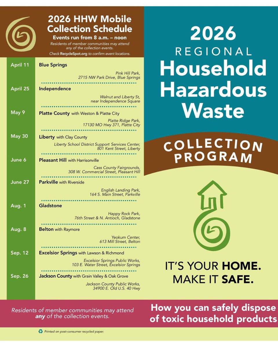 CityofRaytown's tweet image. Save the dates, Raytown!

2 HHW mobile collection events happening in April.
April 11 - Blue Springs
April 25 - Independence

Raytown residents can drop off at these mobile events or drop off at 2101 SE Hamblen Rd in Lee's Summit. Call for hours 816-550-1612.

#Raytown
#HHW