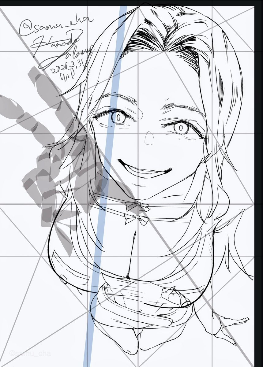 メインヒロインが描き途中の時点ですでに、サイコ顔でやばい。なんで自撮り顔(作画資料)を横に置いて美女化して描いたらこの顔になるんだよ、己が怖いよ😭wip 