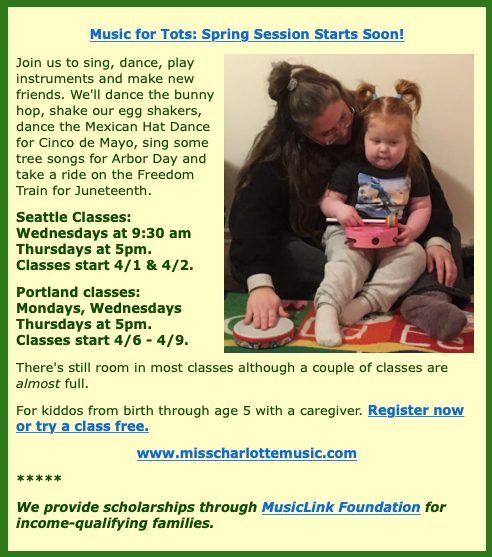 Miss_Char_Music's tweet image. Music for Tots: Spring Session Starts Soon!
Join us to sing, dance, play instruments and make new friends. 

#MusicForTots #MusicLessonsForKids #SingDancePlay #MakeNewFriends #BunnyHop #EggShakers #MexicanHatDance #CincodeMayo #ArborDay #FreedomTrain #Juneteenth