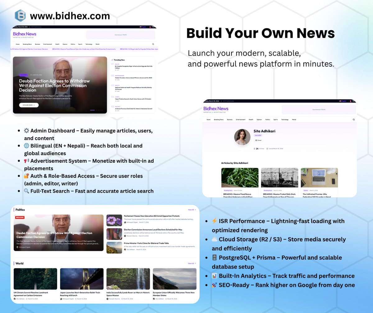 bid_hex's tweet photo. Ready to launch your own news site? 📰✨
Stop worrying about the tech and start publishing. From built-in SEO to lightning-fast performance, we’ve got everything covered.
✅ Modern &amp; Scalable
✅ Secure &amp; Fast
✅ Global or Local Reach
Visit https://t.co/MHPPBxkJ5p https://t.co/D5vLmFIbnu