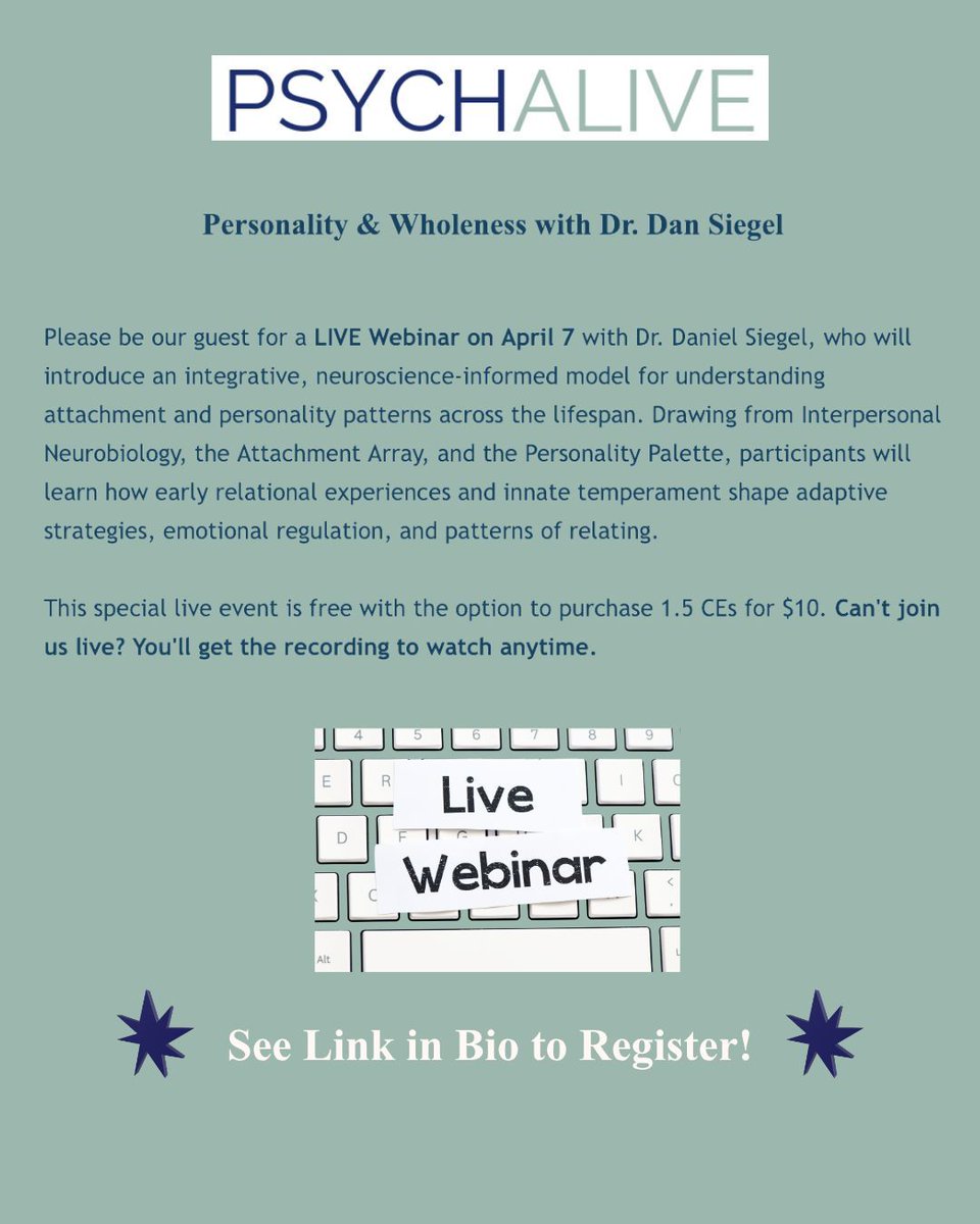 PsychAlive's tweet photo. Join us for a Live Webinar on April 7th. Dr. Dan Siegel will be presenting on Personality and Wholeness.  You won't want to miss this special event. Visit the link in our bio to sign up! #attachment #neuroscience  #neurobiology #enneagram #interpersonalneurobiology  #drdansiegel https://t.co/WQrLRGf9SX