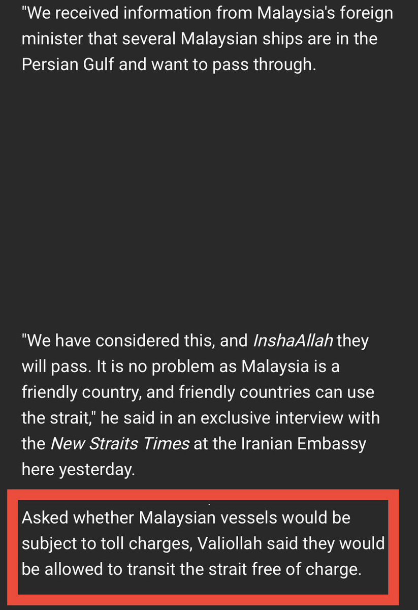 RASMI!

Alhamdulillah tiada tol laut sebanyak RM8 juta/kapal dikenakan kepada 7 kapal tangki yang diberikan laluan khas di Selat Hormuz oleh Kerajaan Iran

Terima kasih PM <a href="/anwaribrahim/">Anwar Ibrahim</a> dan pasukan atas kebijaksanaan 

*Siapalah yang sengaja reka cerita kena bayar tol tu?