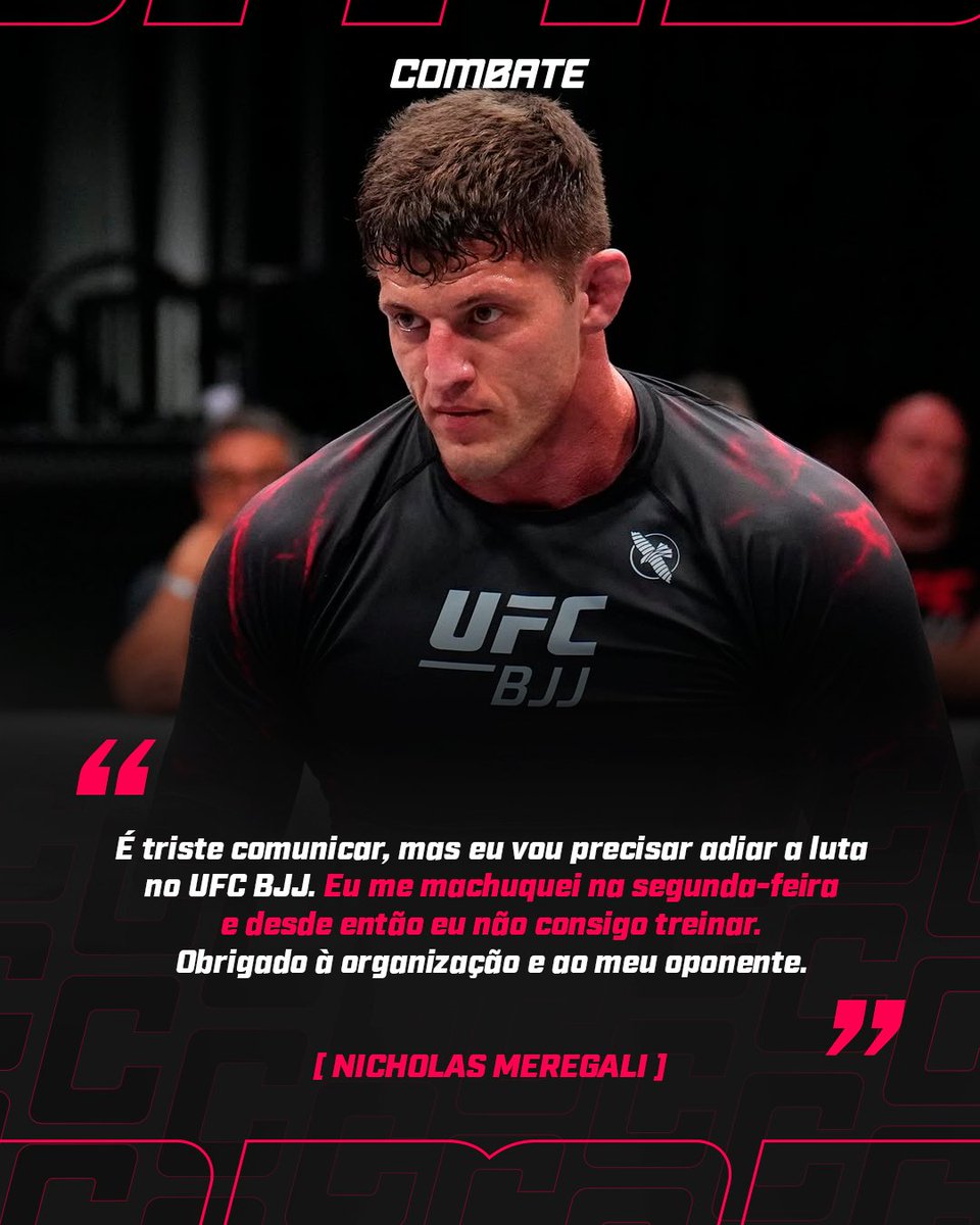 combate's tweet image. LESÃO DE ÚLTIMA HORA! 😞

Nicholas Meregali comenta que devido a lesão, não ficará apto para o confronto no UFC BJJ 7 que irá acontecer nessa quinta (02).

*Contém texto alternativo.

#UFCBJJNoCombate #Combate #Jiujitsu