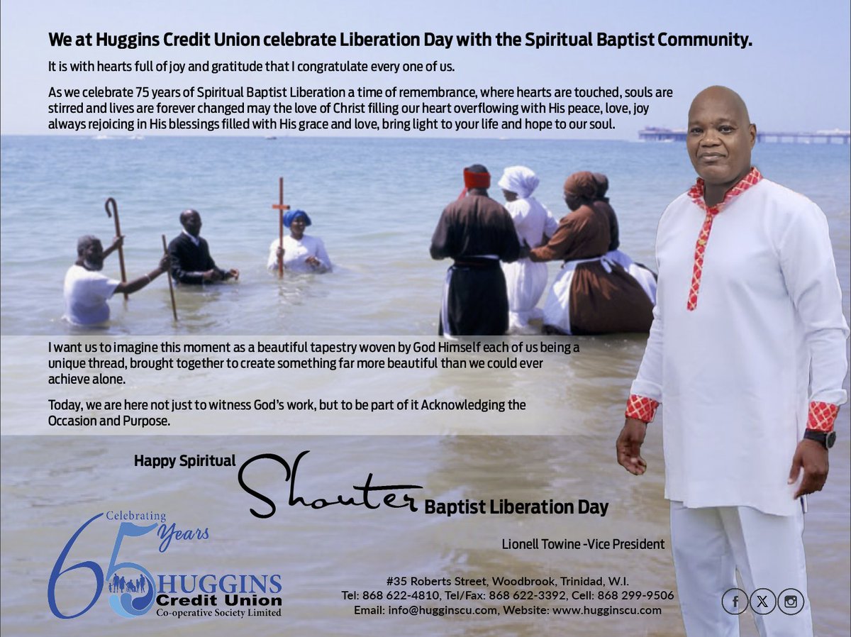 hugginscu's tweet photo. On behalf of Huggins Credit Union, Vice President Mr Lionell Towine extends best wishes to the Spiritual Shouter Baptist community as it celebrates 75 years of Spiritual Baptist Liberation. https://t.co/ECjQVMnAaP