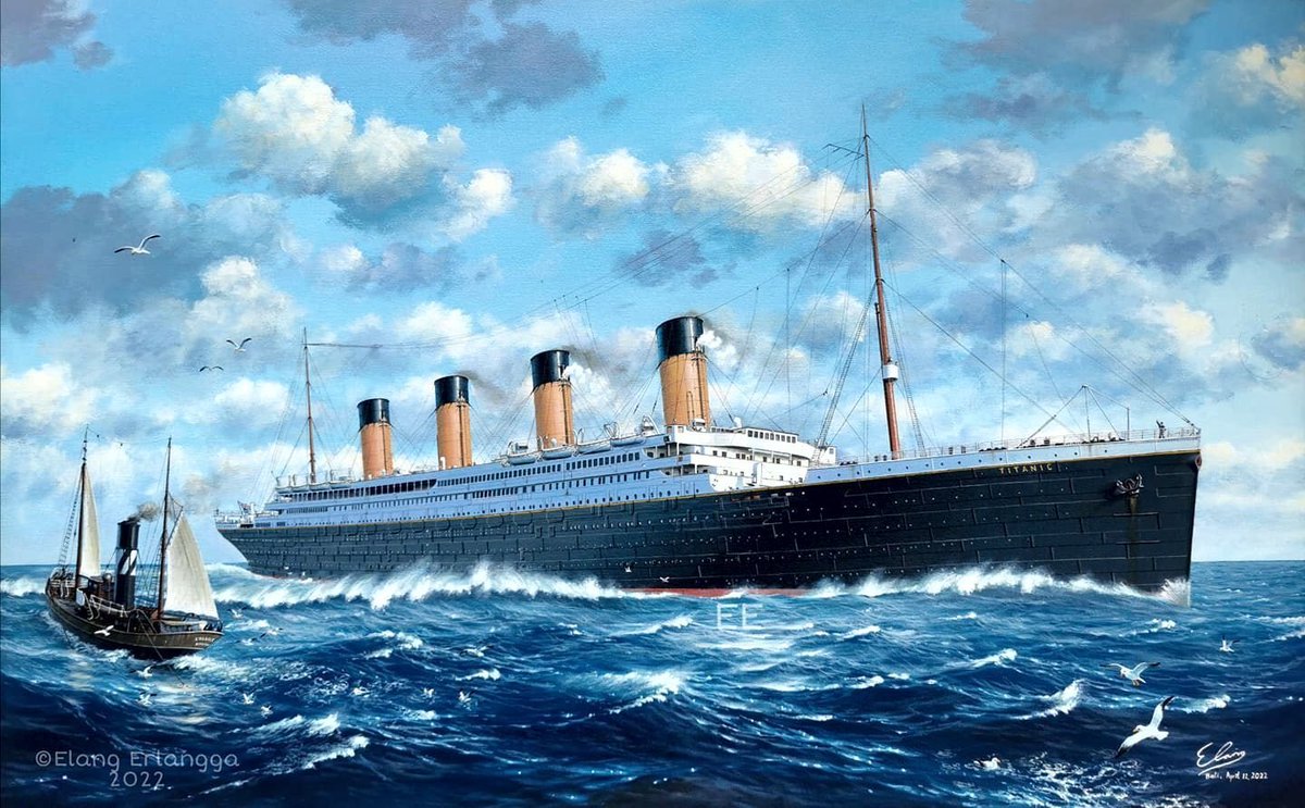 MeriaRmsTitanic's tweet image. 3rd April 1912, #Titanic continued her delivery trip to Southampton (± 570 miles). She had left #Belfast, the day before, after her sea trials. In a few hours, she will arrive at her port, which she will leave in 1 week for her Maiden Voyage to New York.
📸 2: Ken Marschall