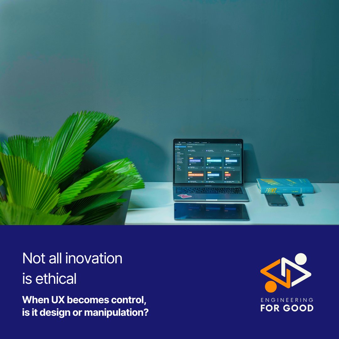 ENGood2023's tweet photo. If a system tricks users into clicking, buying, or staying longer... is that good design? 🧠

Not all innovation is ethical.

#EngineeringForGood #ErasmusPlus #ResponsibleEngineering #ENGood https://t.co/2alC2qwrpi