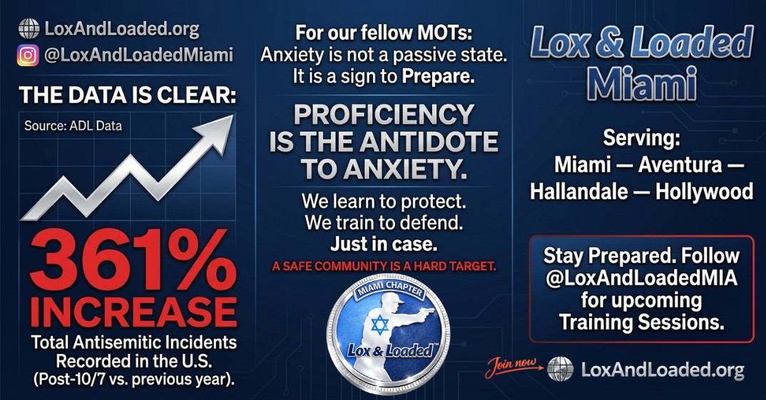 LoxAndLoadedMIA's tweet photo. The numbers are hard to ignore: antisemitic incidents are up 361% since 10/7.

For the MOT community, that creates real anxiety. But anxiety isn’t where this ends—it’s where preparation begins.

We don’t train because we’re looking for a fight. We train so we’re ready if one finds us.

Miami — Aventura — Hallandale — Hollywood: we’re not soft targets.

Join us: https://t.co/36BvtXHz5r
Membership > Florida > Miami

#LoxAndLoaded #FirearmsTraining #StopAntisemitism #FIDF @LoxandLoadedLlc @USCCA