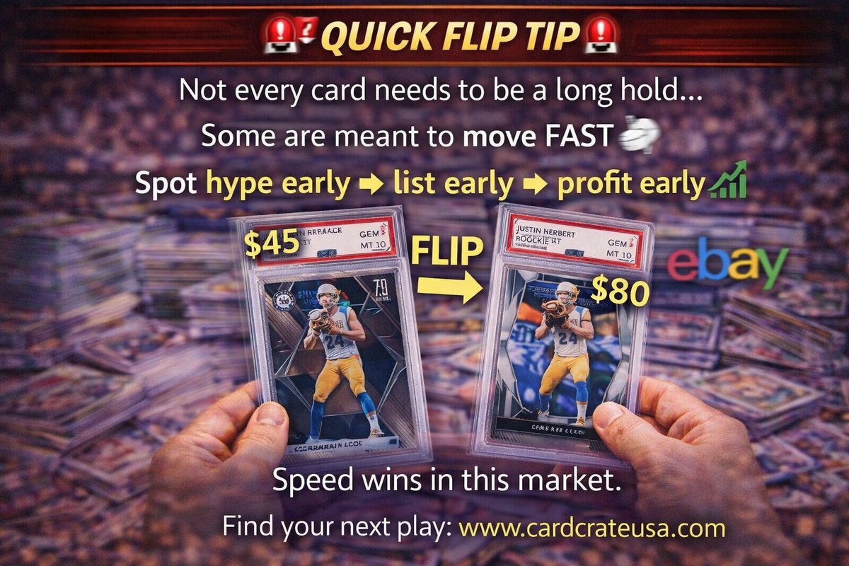 CardCrateSports's tweet image. 🚨 Quick flip tip 🚨

Not every card needs to be a long hold…
Some are meant to move FAST 💨

Spot hype early → list early → profit early 📈

Speed wins in this market.

Find your next play: cardcrateusa.com

#sportscards #thehobby #cardcollecting #tradingcards