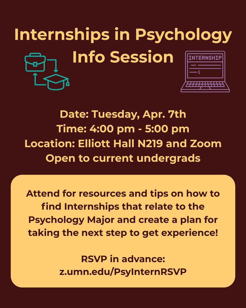 PsyAdvis's tweet photo. Looking to get more information on internships? Check out our upcoming Internships Info Session! On Apr. 7th from 4:00-5:00 pm, learn more about finding internships and how to connect them to your major. RSVP at https://t.co/RLOxpyf6wk https://t.co/eUj6naCy56