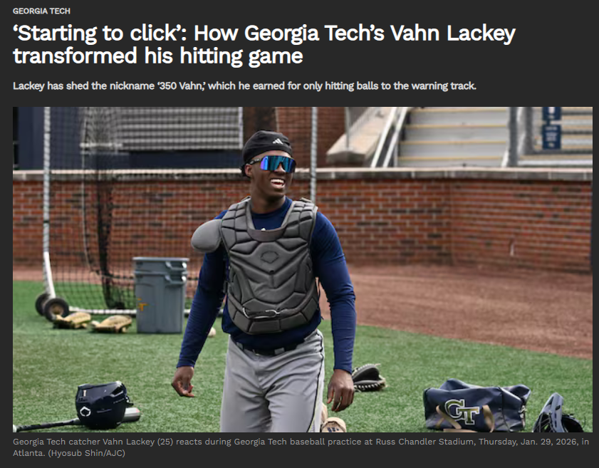 drivelinekyle's tweet photo. Great article on GT hitting!

"...what would happen if he really went after it.

Tech helped... Blast Motion, bat-sensor data, and the baseball lab environment to understand vertical bat angle, attack angle...

Lackey described finally seeing the ball fly the way he wanted." https://t.co/iwIjKDW12a