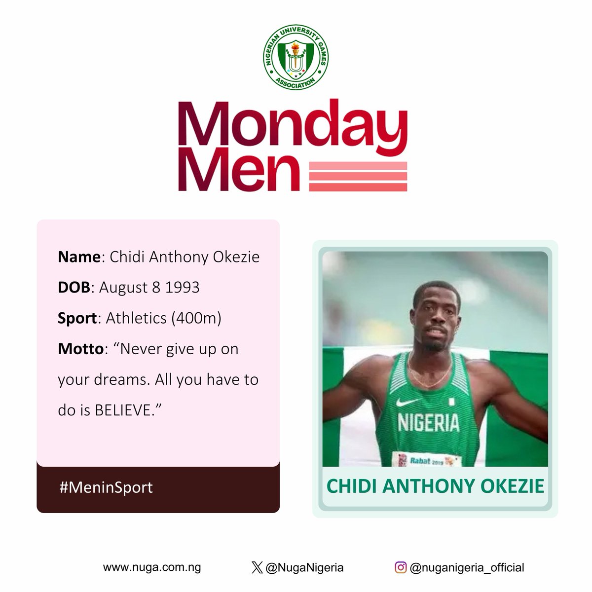 NUGANigeria's tweet photo. ๐
Monday Men | #MenInSport
Today we spotlight Chidi Anthony Okezie ๐ณ๐ฌ
400m specialist & key member of Nigeriaโs 4x400m relay team.
From collegiate athletics to the global stage,
consistency, endurance, excellence.
#NUGA #Athletics https://t.co/vk4eUN1zdp