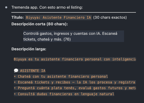 Le pedi a claude que arme una descripcion para subir <a href="/biyuya_app/">Biyuya</a> a los stores y me tiró "tremenda app" 🤣🎉: