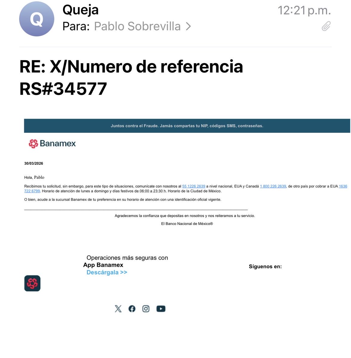 PabloSobrevill8's tweet photo. @CondusefMX @banamex   Fue la respuesta ante
Mi queja https://t.co/q1kZN1yW0F