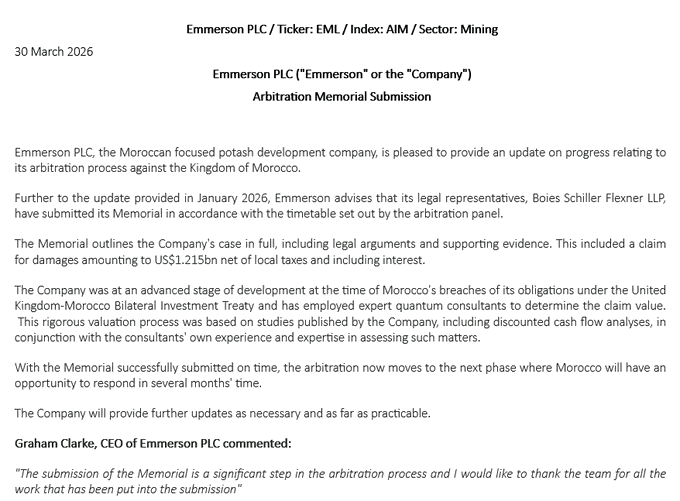DesdelAtlantico's tweet photo. Aunque algún tuitero ha dicho que Marruecos ha sido "condenado" a pagar a la empresa minera "Emmerson", lo cierto es que ha sido "demandado" en arbitraje por #EMMERSON #EML $EML, que pide 1200 millones de dólares por el bloqueo del proyecto #Khemisset. https://t.co/AJD6IkEFxa