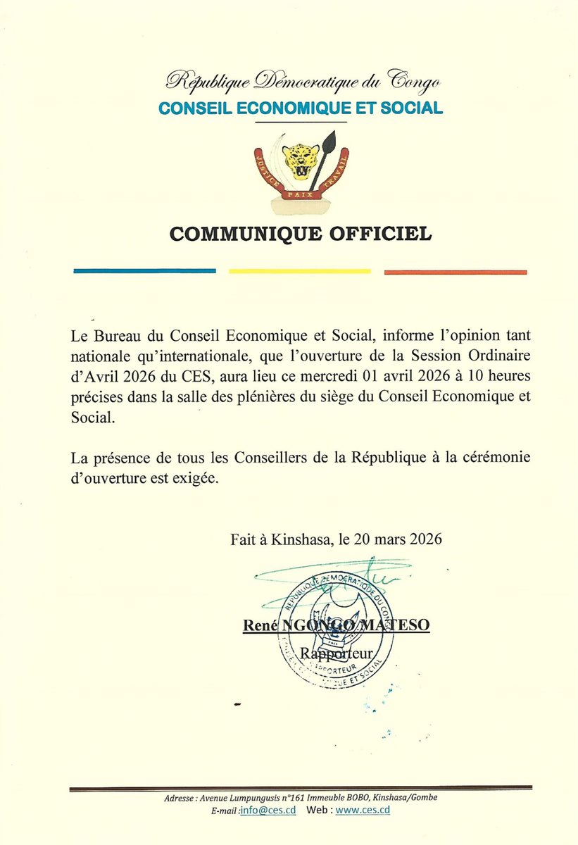 Le Bureau du Conseil Economique et Social informe de l'ouverture de sa Session Ordinaire ce mercredi 1er avril à 10h00 au siège du CES.

La présence obligatoire de tous les Conseillers de la République exigée.⚠️
#SessionAvril2026 #RDC #CES