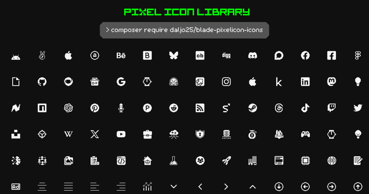 daljo25's tweet photo. New @laravelphp package: Blade PixelIcon Icons! 🎨✨

Easily use #PixelIconLibrary in your Blade views. Clean, retro &amp; ready! 👾

Hey @hackernoon, your dev community will love this for their next project! 💻🚀

🔗 https://t.co/9Cs4dHEwdF

#Laravel #PHP #OpenSource @driesvints https://t.co/oJrkggx7sB