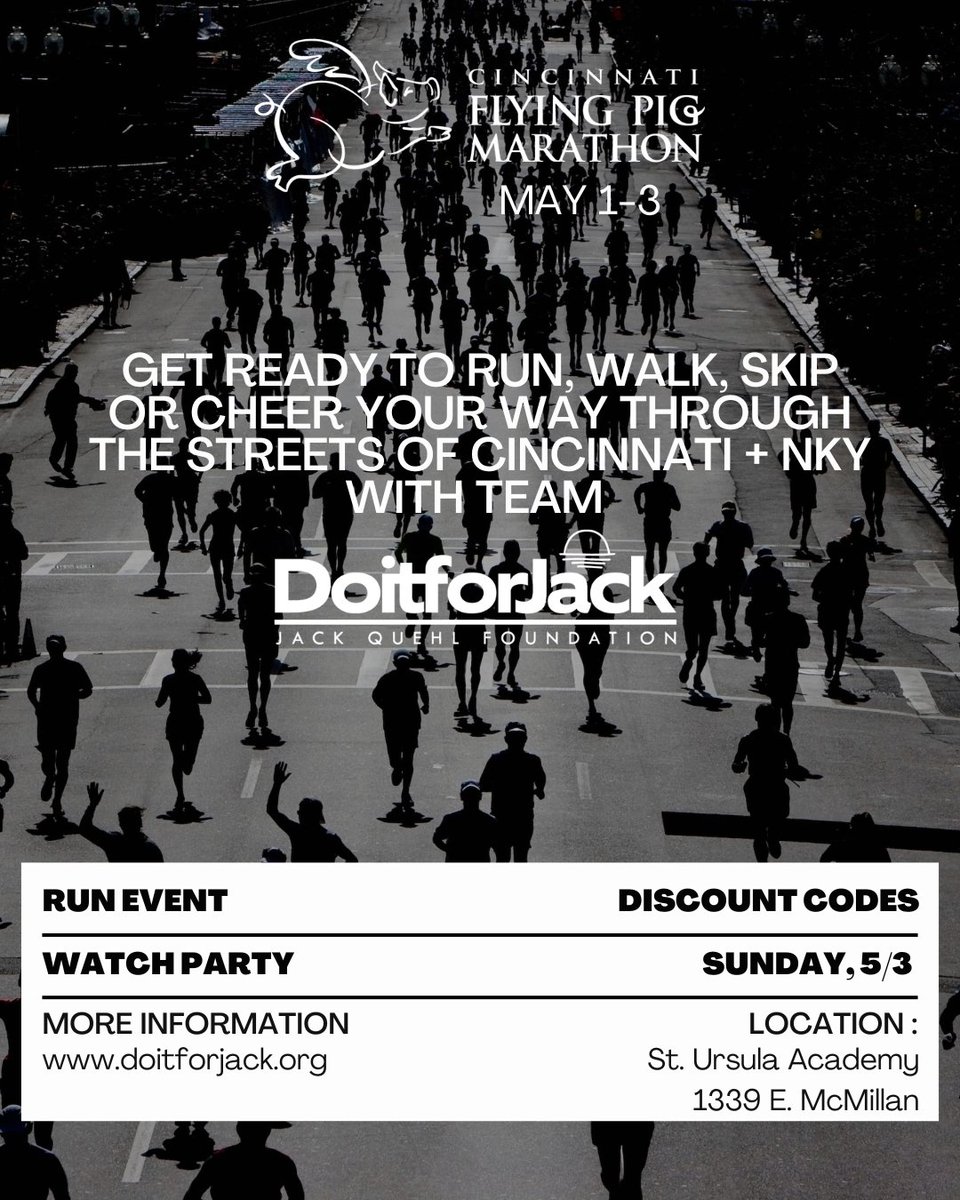 JackQuehl's tweet photo. Want to get involved with DOITFORJACK at the Flying Pig Marathon? 🐷🏃‍♀️💙​

There are so many ways to support the mission. Learn how to get involved today! More information: https://t.co/u65moiBxXb

#DOITFORJACK #FlyingPig #RunForACause https://t.co/v0oQOhkDK1