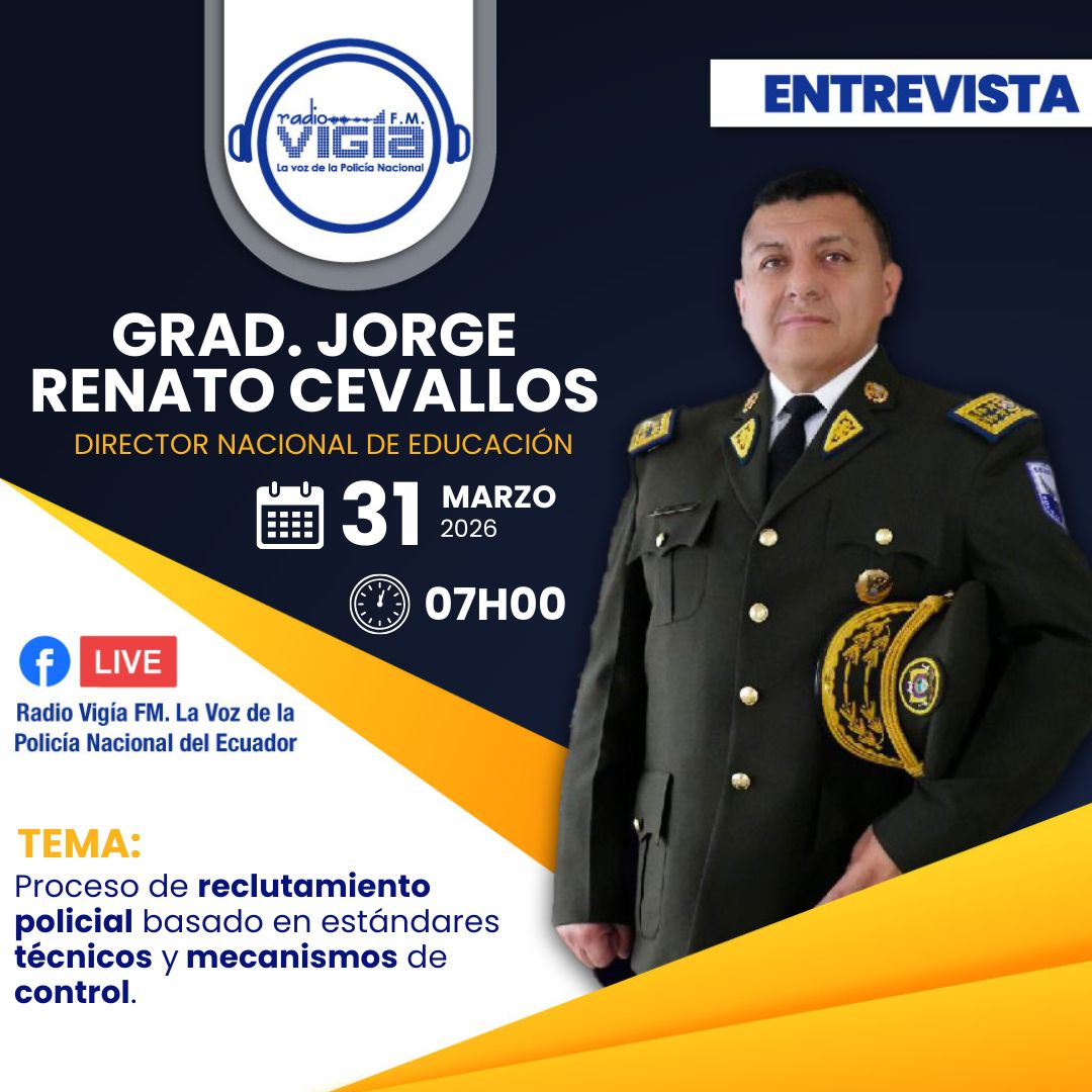 radio_vigia's tweet image. #Entrevista 🎙|| Mañana en "Al Día con Vigía" tendremos al GraD. Jorge Renato Cevallos Núñez, Director Nacional de Educación. Hablaremos sobre el proceso de reclutamiento policial y los estándares técnicos que lo rigen.

#Reclutamiento #NivelDirectivo #NivelTécnicoOperativo