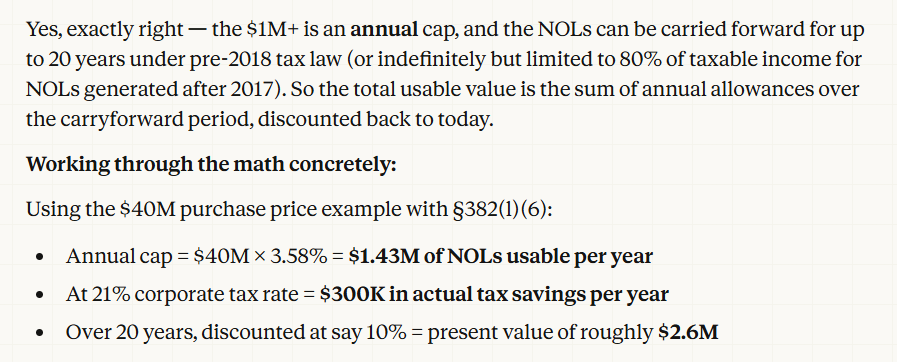 steep_slopes's tweet photo. $FNCH / $FNCHQ has net operating losses (NOLs) that could be monetized during a sale, even is there is change of control. In this case, the annual NOL cap would amount to 3.58% of the final selling price. This alone is still potentially worth $2-3M or ~$1.5 per share. https://t.co/saykOaMmKm
