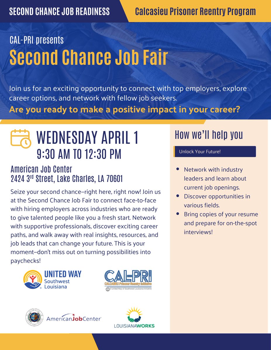 imcalhsa's tweet photo. Join us for the Second Chance Job Fair hosted by CAL-PRI 
📅 April 1
⏰ 9:30 AM – 12:30 PM
📍 American Job Center – Lake Charles
Bring your resume and be prepared for on-the-spot conversations with employers. https://t.co/qLAjBxXToZ