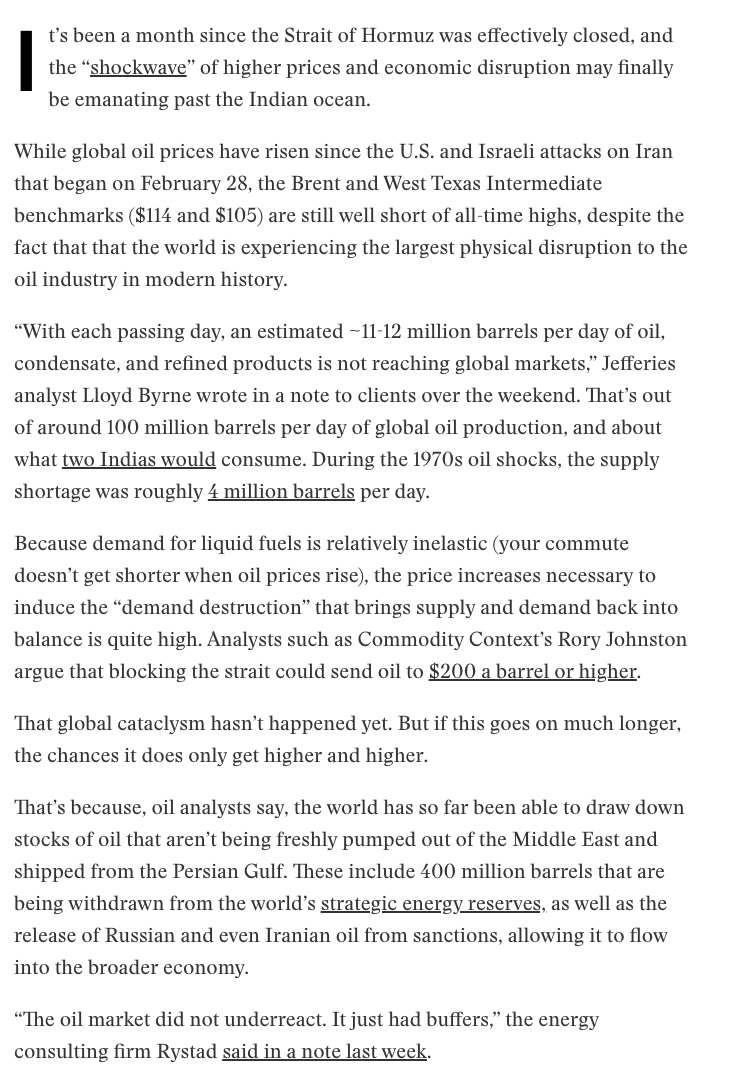 Between the strategic reserve releases and the unsanctioned oil, the oil market was able to buy about a month of time before the real high prices, shortages, and demand destruction begin...