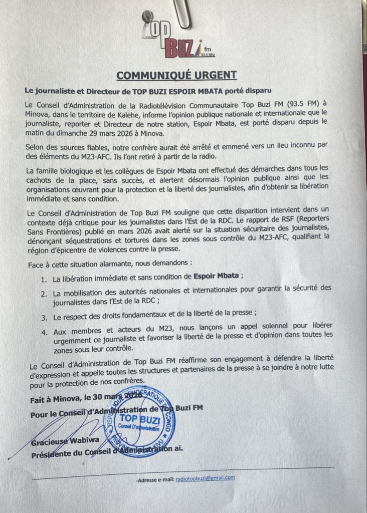 PPIREGIONALE's tweet photo. Sud-Kivu: Nous élevons la voix de la radio communautaire Top Buzi FM de Minova pour dénoncer l’enlèvement, le dimanche 29 mars 2026, du journaliste Espoir Mbata par des présumés combattants du #M23, et exigeons sa libération immédiate et sans condition. https://t.co/ZeuCGeya5C