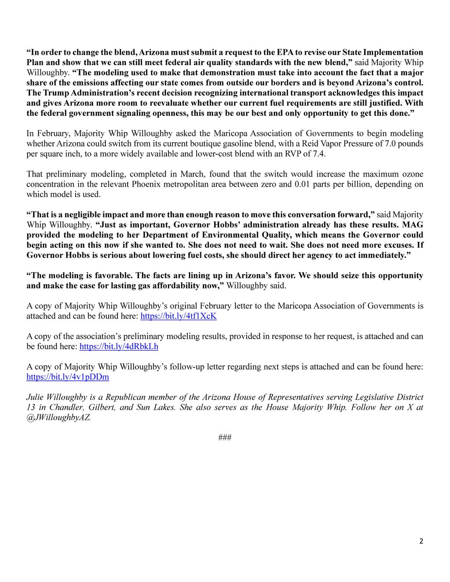 AZHouseGOP's tweet photo. ✅Rep. Willoughby: Trump Administration Air Quality Ruling Gives Arizona Chance to End Costly Boutique Gas Blend

“With the federal government signaling openness, this may be our best and only opportunity to get this done. If Governor Hobbs is serious about lowering fuel costs, she should direct her agency to act immediately.

“The modeling is favorable. The facts are lining up in Arizona’s favor. We should seize this opportunity and make the case for lasting gas affordability now.” -@AZHouseGOP Majority Whip @JWilloughbyAZ.

LEARN MORE👇
https://t.co/QmTBQ0hYpd

#AZHouseGOP #AZLeg