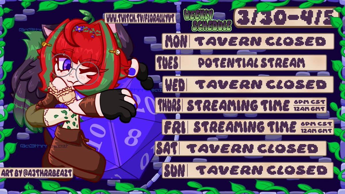 🌿 Weekly Schedule🌿

🐱 Week of 🦉 
Mar 30th - Apr 5th 

We are officially back from hiatus my friends.

Come welcome me back and fish with us. We start the new month for the art raffle!

New tiktoks Weds, Fri, and Sun. 

#tavernisopen