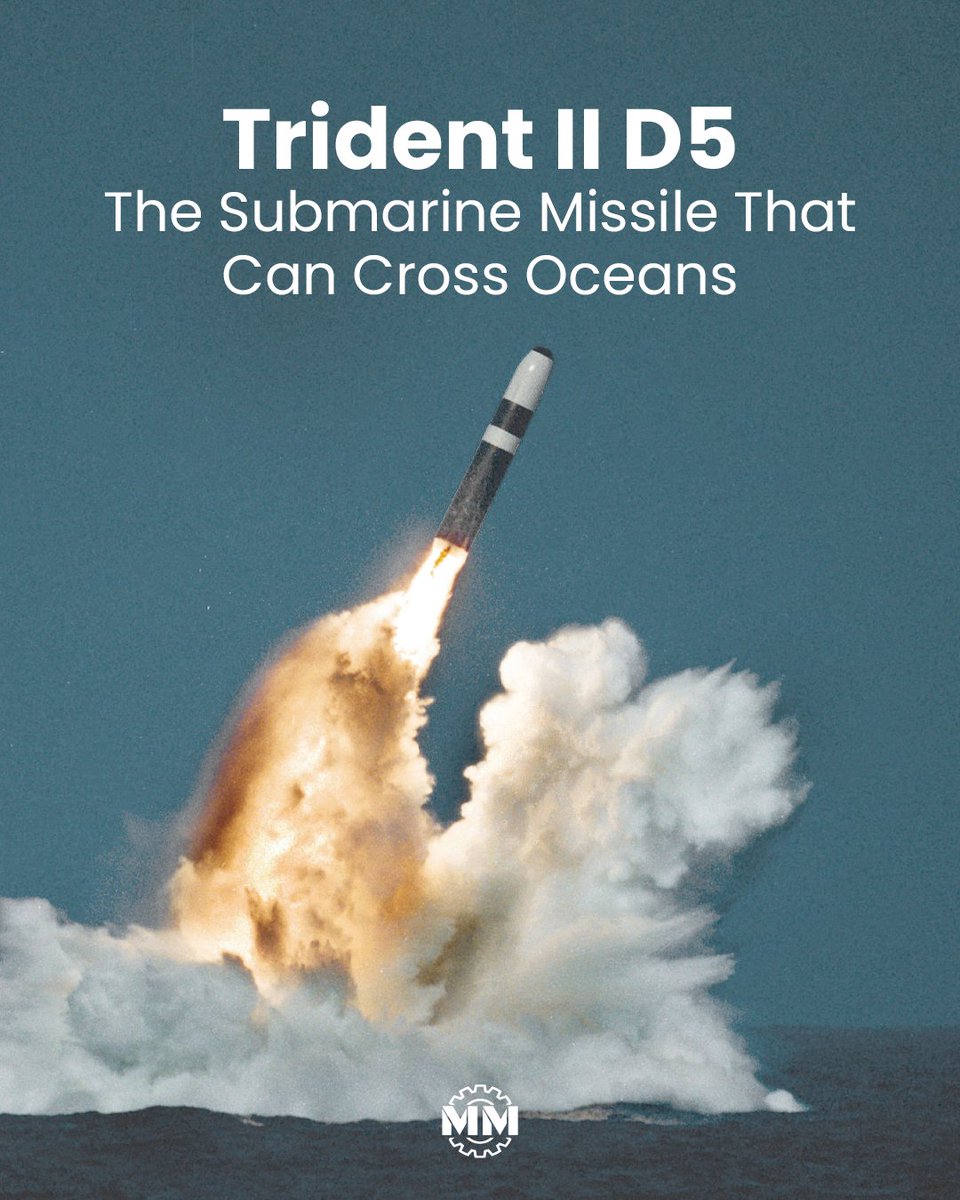 MilitaryMechs's tweet image. The Trident II D5 is a long-range ballistic missile deployed on nuclear-powered submarines. It travels thousands of kilometers and delivers multiple independently targetable warheads, forming a key part of nuclear deterrence.

#BallisticMissile #StrategicDeterrence