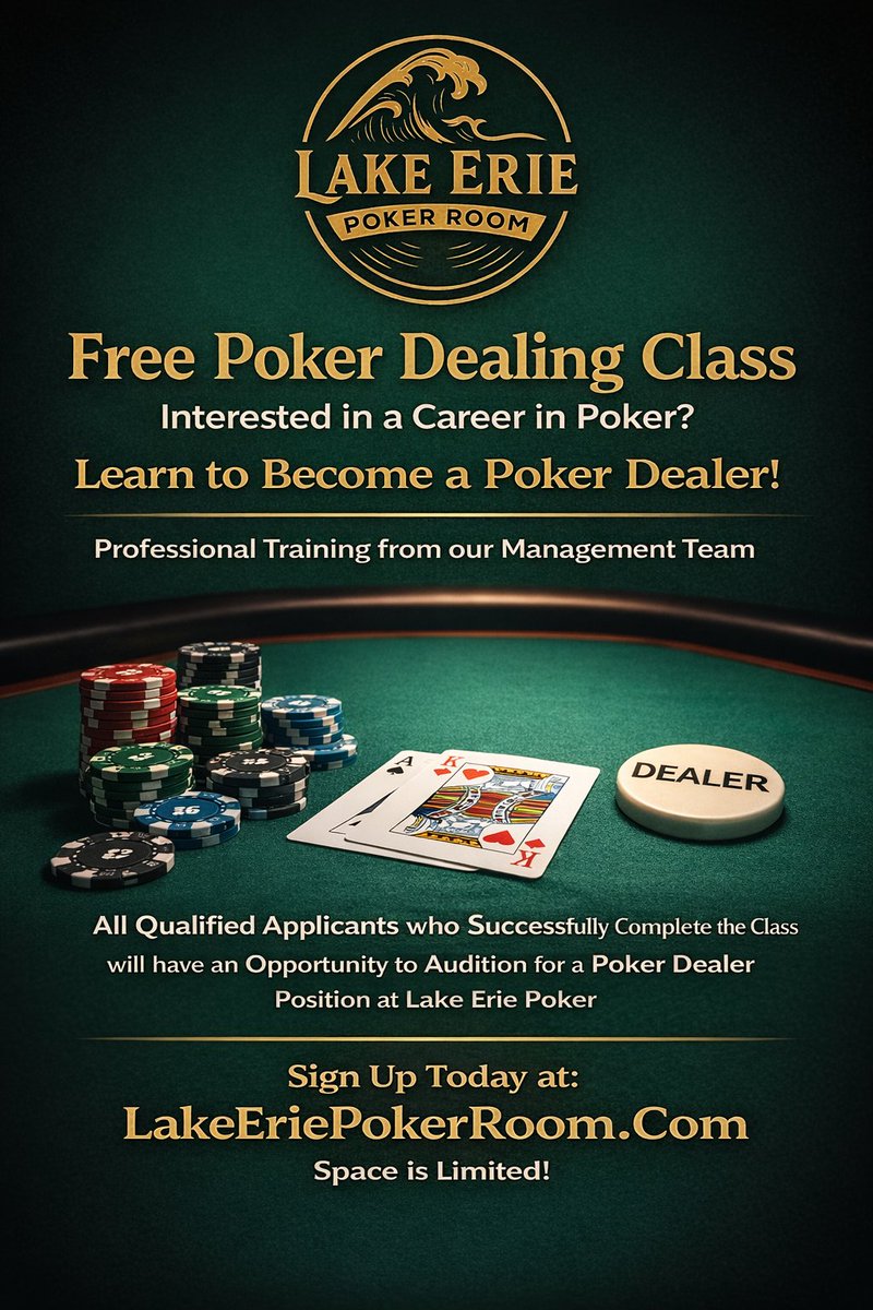 Due to overwhelming demand, we will be offering a FREE poker dealing class for anyone looking to start a career in the poker industry as a dealer at Lake Erie Poker! Our management team will provide professional training to a limited group of students to ensure we can provide the