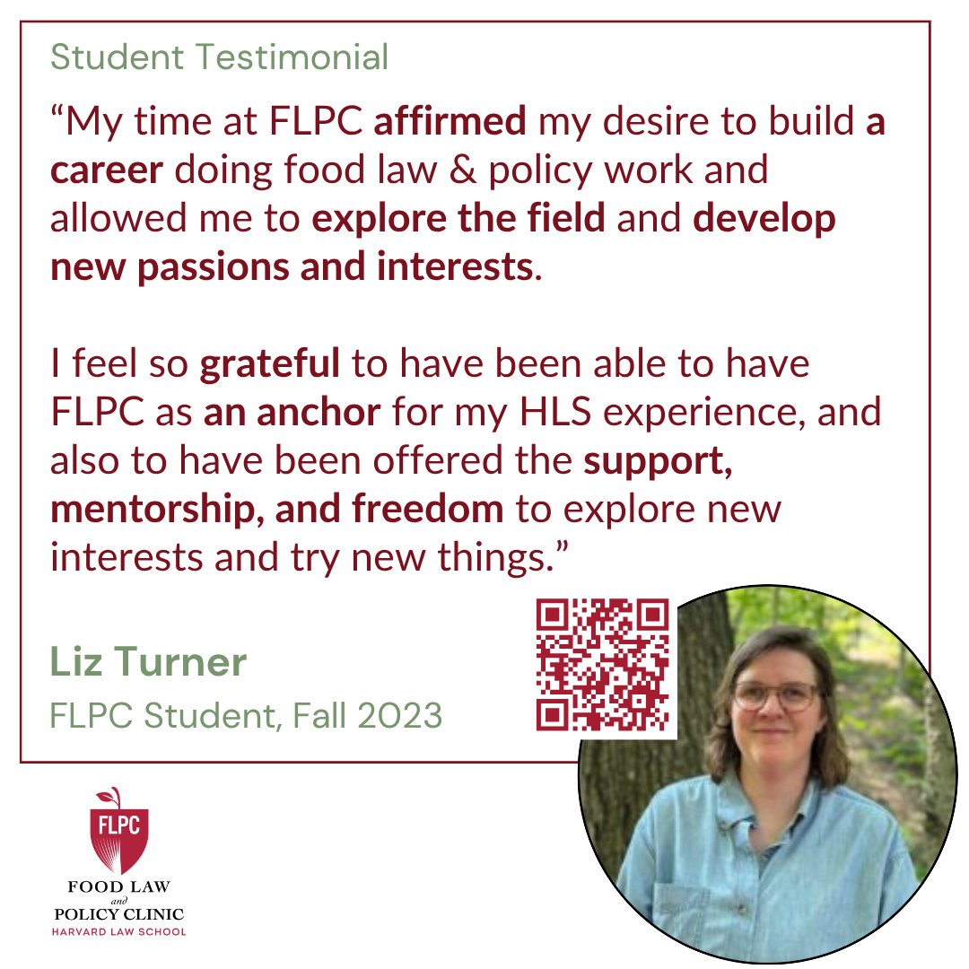 HarvardFLPC's tweet image. Interested in food policy and advocacy?

Students in the Food Law &amp;amp; Policy Clinic work on real-world food system challenges.

Hear from our students below ⬇️
📅 Clinic fair is tomorrow: hls.harvard.edu/events/clinica…  

#FoodPolicy #StudentSpotlight