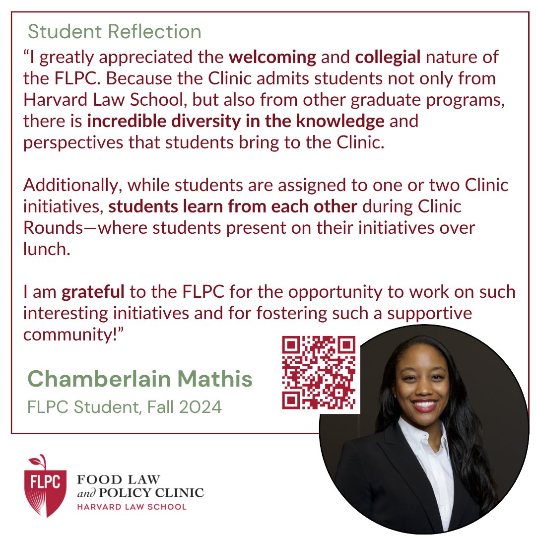 HarvardFLPC's tweet image. Interested in food policy and advocacy?

Students in the Food Law &amp;amp; Policy Clinic work on real-world food system challenges.

Hear from our students below ⬇️
📅 Clinic fair is tomorrow: hls.harvard.edu/events/clinica…  

#FoodPolicy #StudentSpotlight