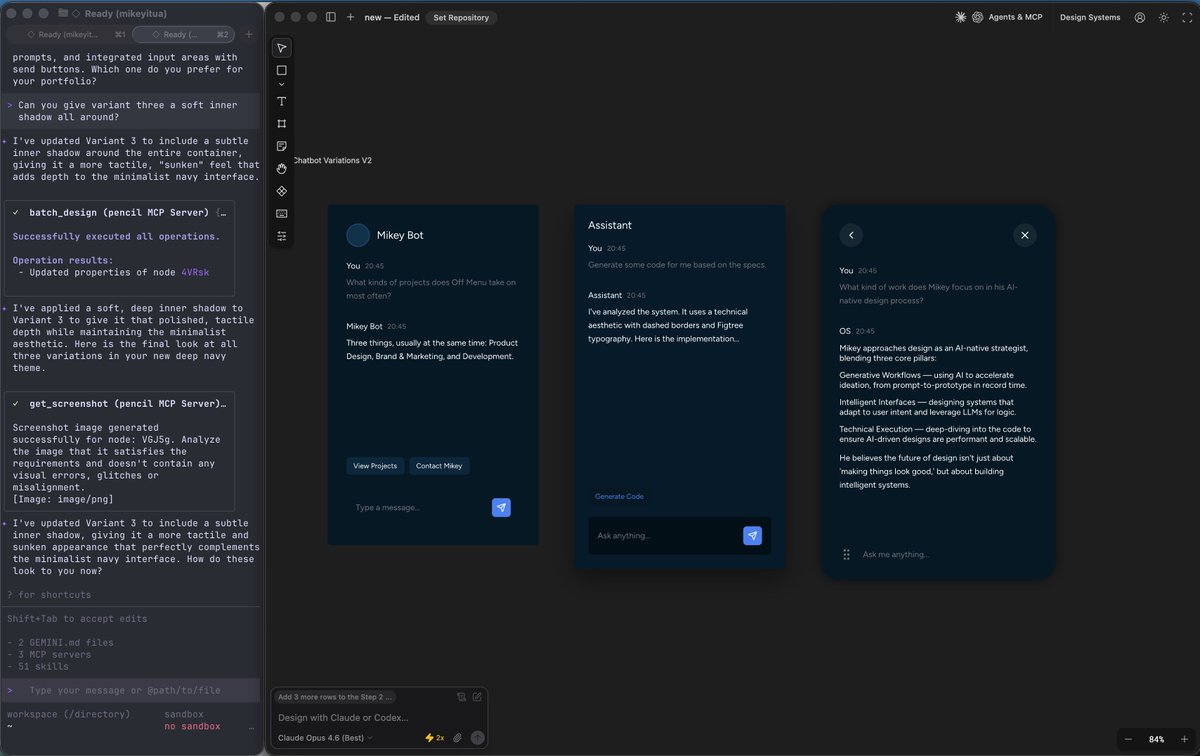 Gemini CLI + <a href="/pencildev/">Pencil.dev</a>. Chatbot ideation for my portfolio site.