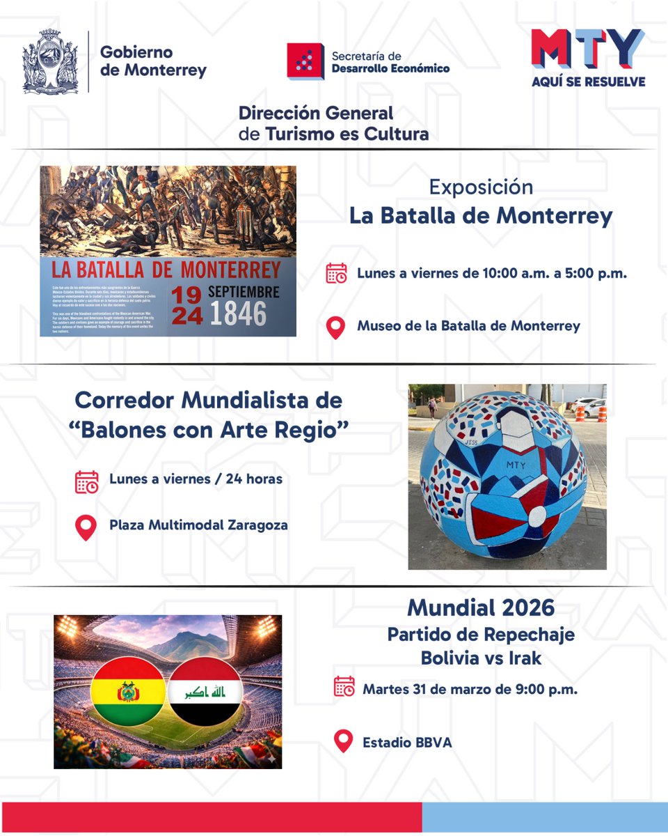 Descubre los eventos culturales de esta semana; aprovecha las vacaciones y ven con tus seres queridos a disfrutar los espacios y actividades que ofrece Monterrey. 🗓️

#AquíSeResuelve #TurismoEsCultura
