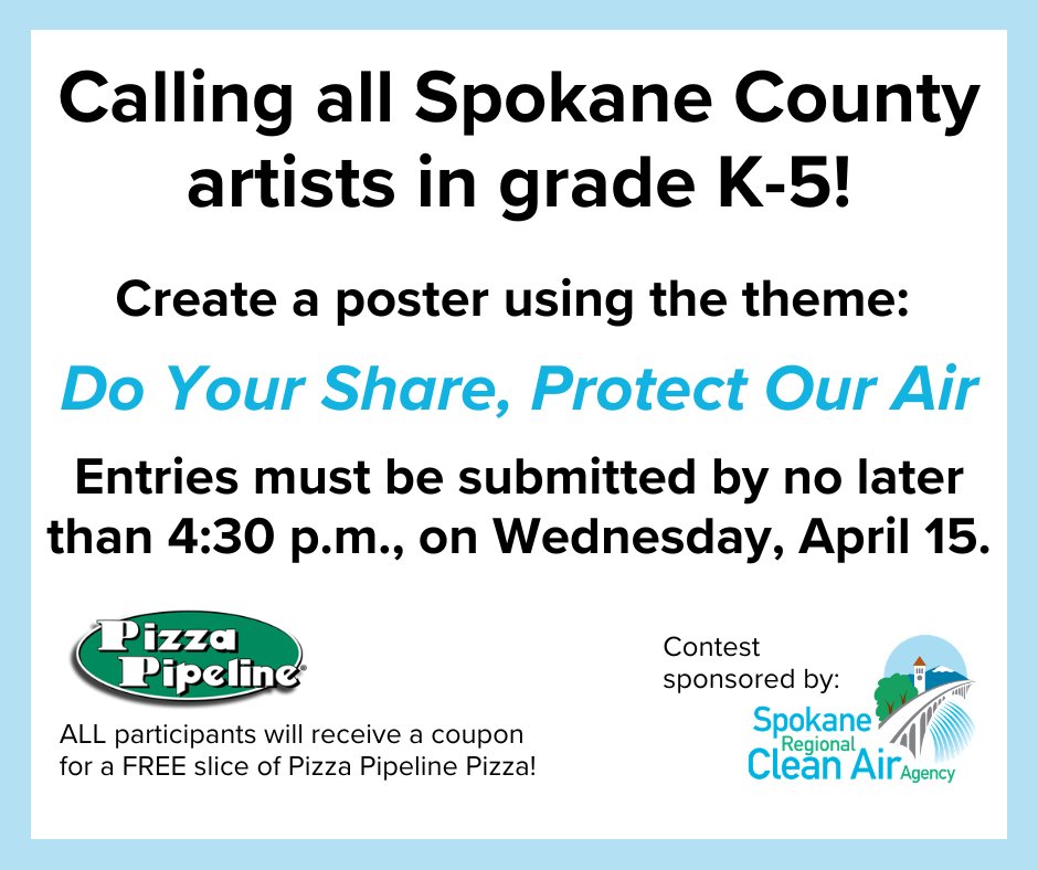 SpokaneCleanAir's tweet photo. We are less than 1 month away from the 2026 Do Your Share, Protect Our Air poster contest deadline!

Are you a Spokane County artist in grades K-5? Find the official rules and release form for the contest here: https://t.co/H3tsLXMrmO
#Postercontest #SpokaneWA #CleanAir https://t.co/GU4SlPQv1e