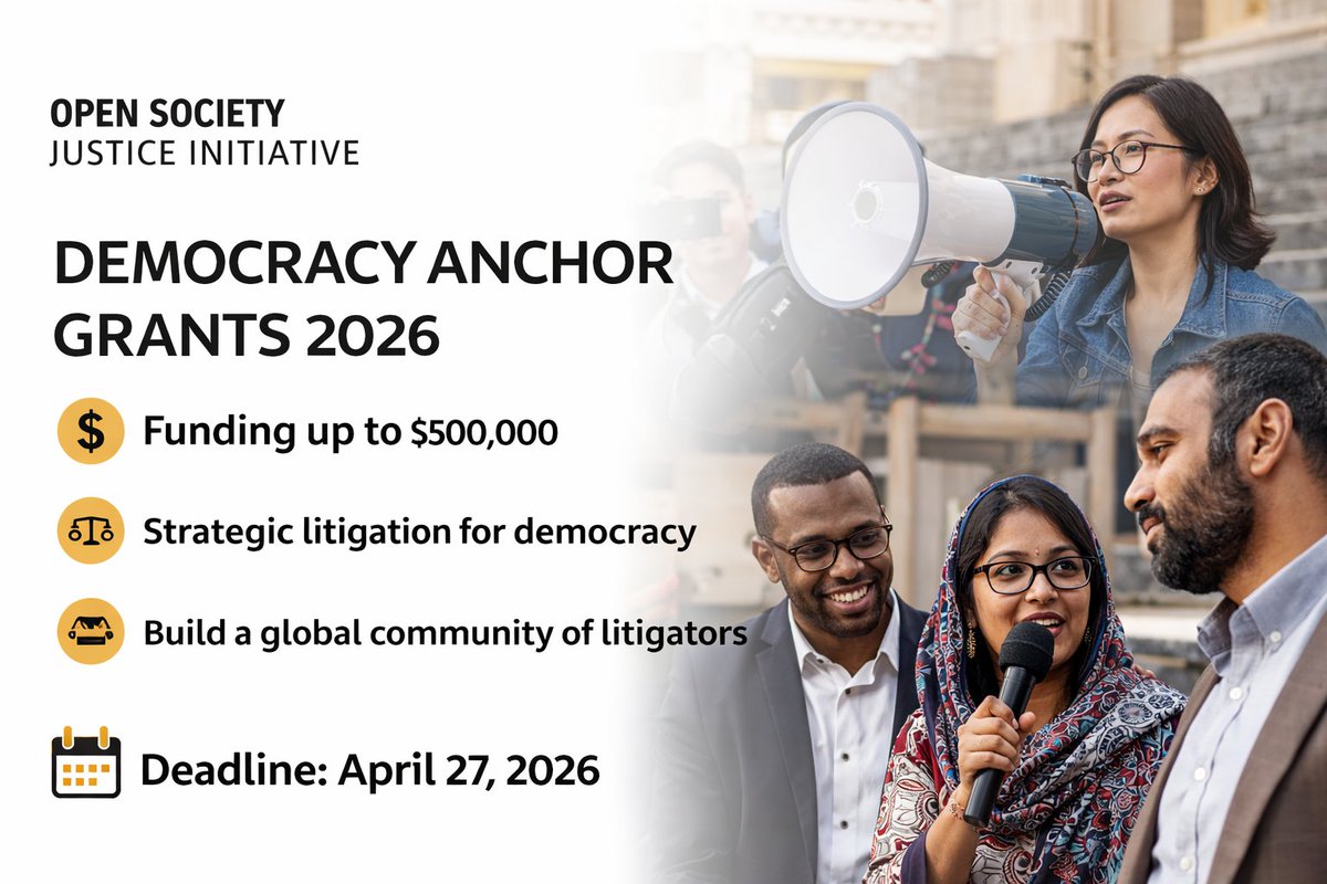 opportunitiesfy's tweet image. ⚖️🌍 Democracy Grants 2026
💰 Up to $500,000
 📊Strategic litigation funding
 🌍Global NGOs
 📅Deadline: April 27, 2026
🔗 Apply Here: wp.me/p23f03-khj
💡 Tip: Show systemic impact!
#Grants #HumanRights
