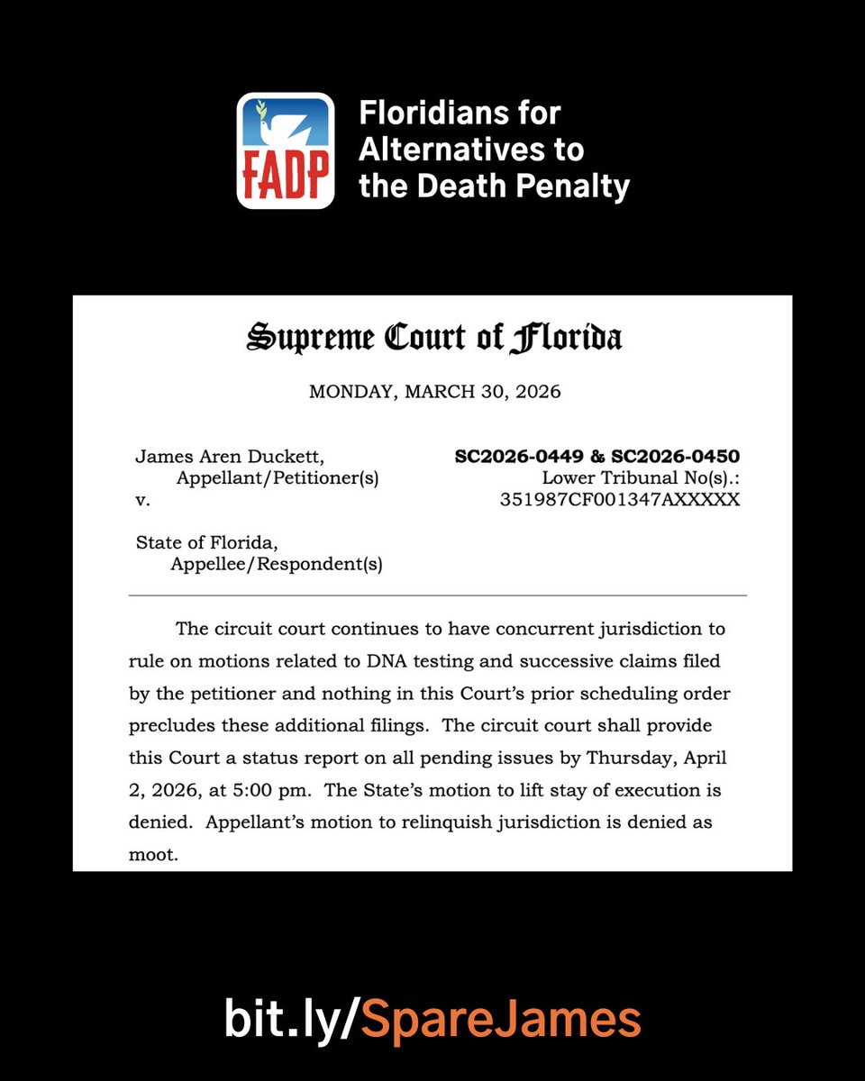 FADPorg's tweet photo. BREAKING: James Duckett will not be executed tomorrow. The Florida Supreme Court declined to lift the stay while the circuit court evaluates legal claims related to his recently completed DNA testing. https://t.co/KxZyfqCU1h https://t.co/XBrgpuSfLX