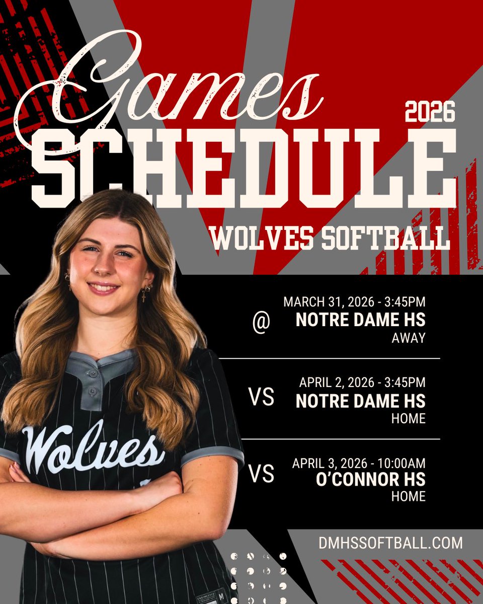 DMHSSoftball's tweet image. Game week loading… 🐺🥎

Big week ahead for the Wolves —come out and support!
Let’s pack the stands and protect the den.

📍 @ Notre Dame HS – March 31 |   3:45PM
🏠 vs Notre Dame – April 2 | 3:45PM
🏠 vs O’Connor – April 3 | 10AM

#WolvesSoftball #DMHS #PackTheDen #GameWeek
