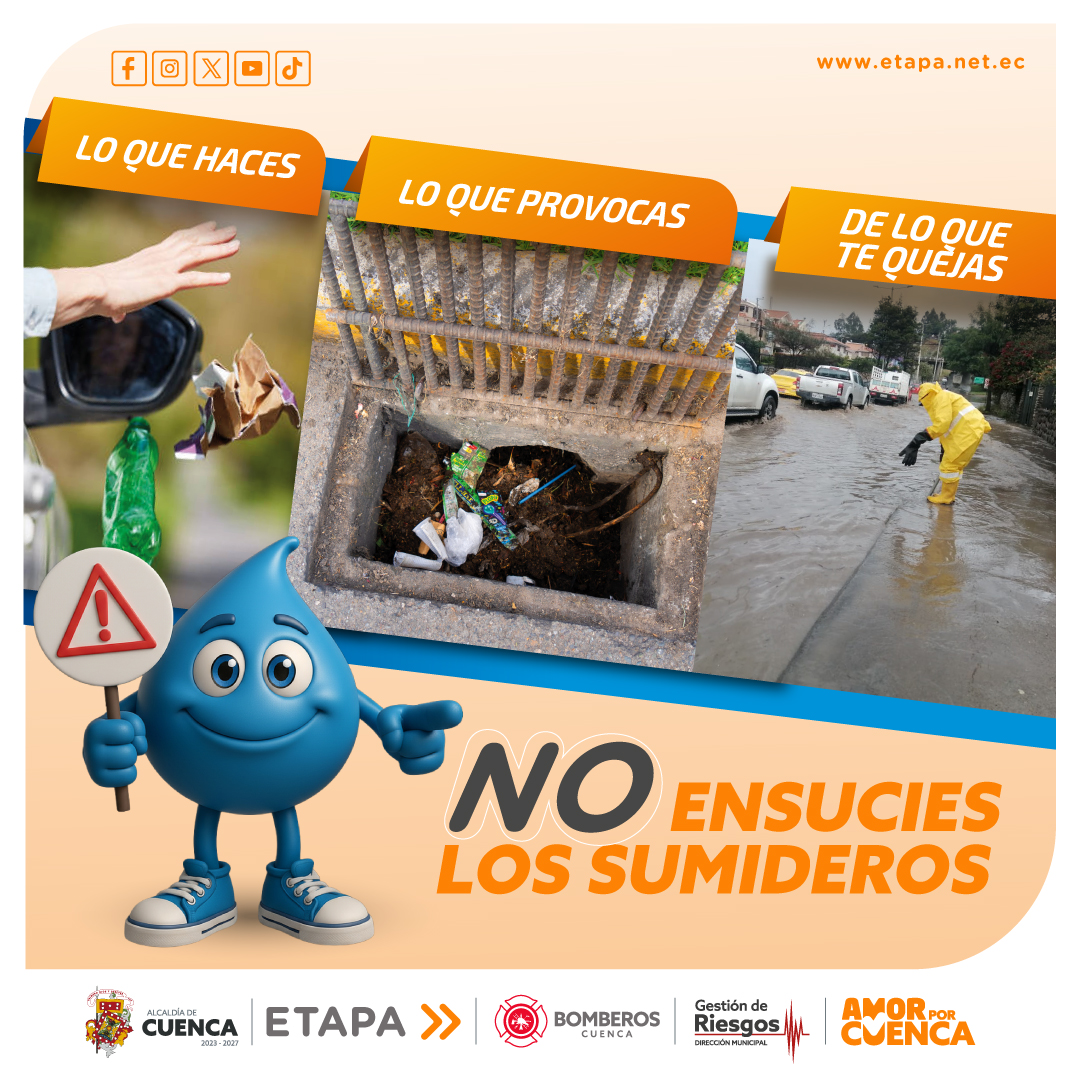 ETAPAOficial's tweet photo. 🚨🌧️ #Alerta | No ensucies los sumideros

Los sumideros son clave para evitar inundaciones.
Cuando llueve, un sumidero limpio hace la diferencia.

🚯 No arrojes basura en la calle.
🤝 Cuidarlos es responsabilidad de todos.

#LimpiaTuSumidero 💧
#OrgullosamenteCuencanos

@czamoramatute 
@MunicipioCuenca