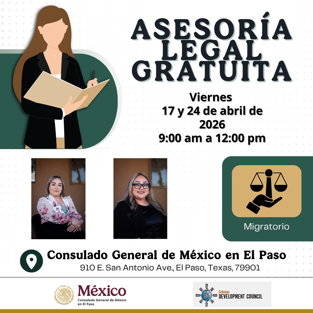 ConsulmexElPaso's tweet image. Aprovecha las jornadas de #AsesoríaLegal gratuita durante el mes de #Febrero

🕘 Horario: 9 a.m. a 12 p.m.
📍 Lugar: 910 E. San Antonio Ave., El Paso, TX 79901

#AcércateATuConsulado e infórmate

#NoEstánSolos
#ProtecciónConsularMX
#ProtecciónSinFronteras #ConoceTusDerechos