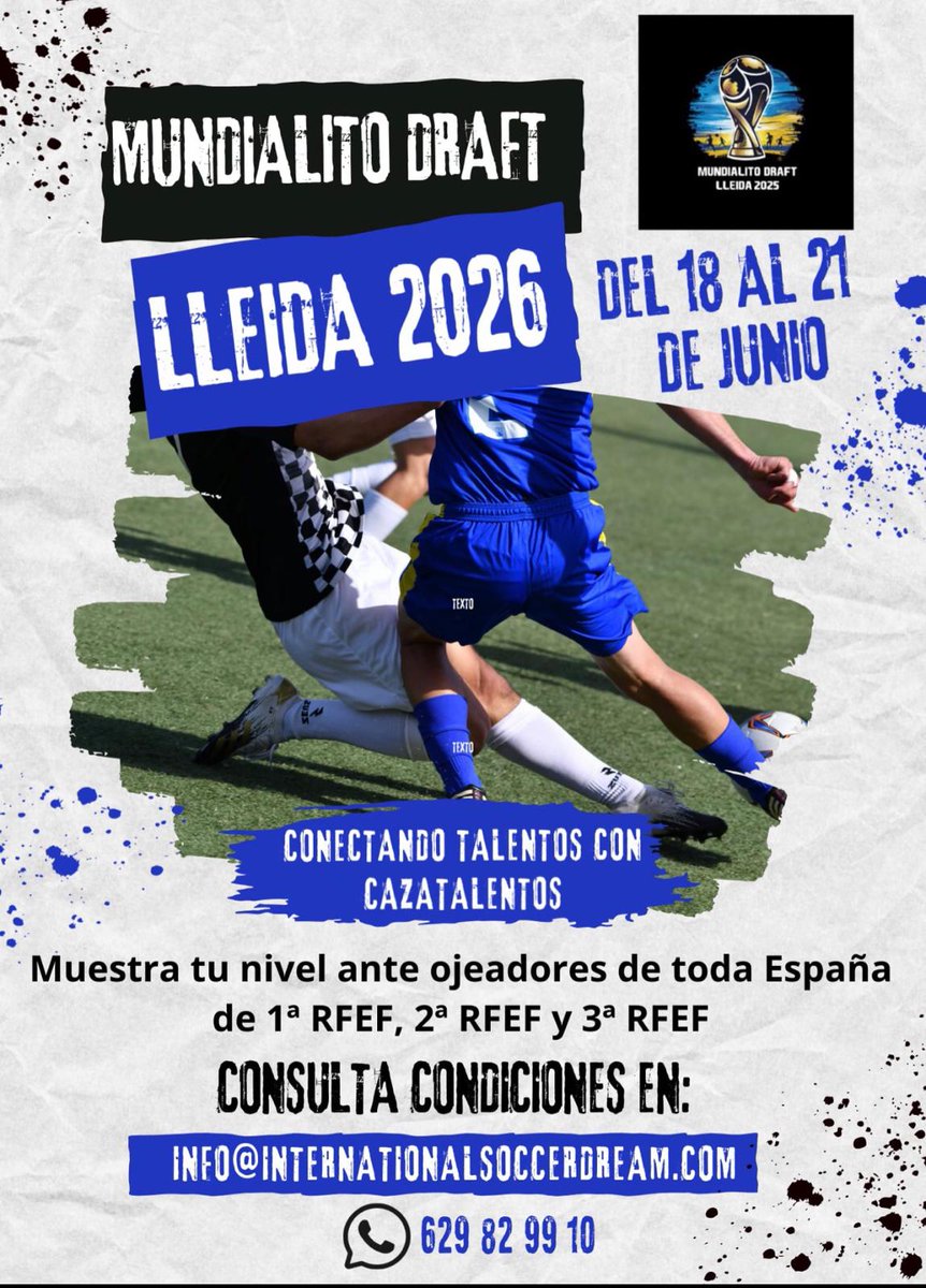 Arranca la 2ª Edición del MUNDIALITO DRAFT en Lleida ofreciendo una experiencia aún más intensa y espectacular.
Muestra tu talento ante importantes ojeadores de toda España y consigue esa oportunidad que mereces.

Nosotros podemos ayudarte a participar en este prestigioso torneo.