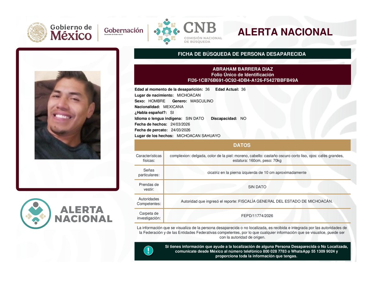 Busqueda_MX's tweet photo. AlertaNacional de Búsqueda  ⚠️
Solicitamos apoyo para localizar a las siguientes personas. 
Si tienes información comunícate.
Desde México: 800 028 77 83
WhatsApp 55 1309 9024
Desde otro país: 182 52 62 31 09 
#Michoacán #Veracruz https://t.co/qZq0znWY6s